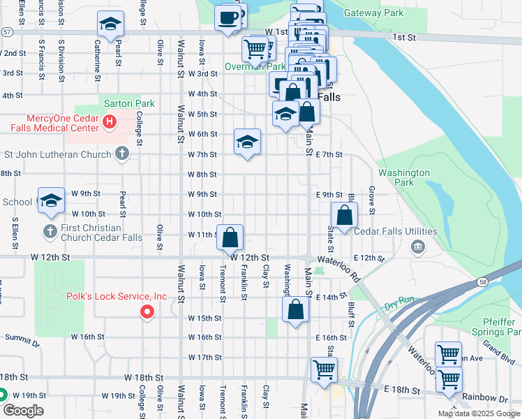 map of restaurants, bars, coffee shops, grocery stores, and more near 1004 Clay Street in Cedar Falls