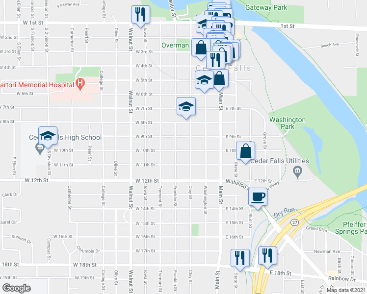 map of restaurants, bars, coffee shops, grocery stores, and more near 1001 Franklin Street in Cedar Falls