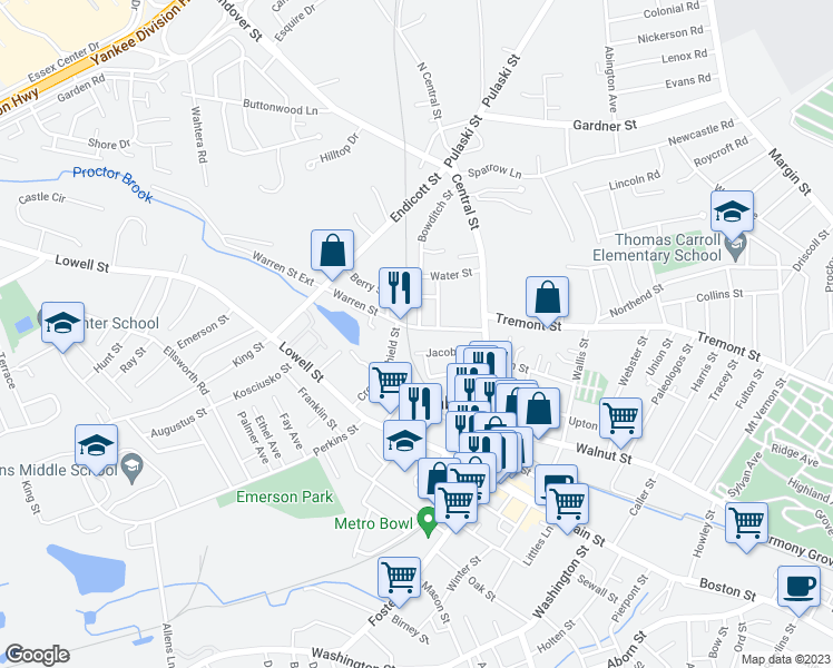 map of restaurants, bars, coffee shops, grocery stores, and more near 26 Warren Street in Peabody