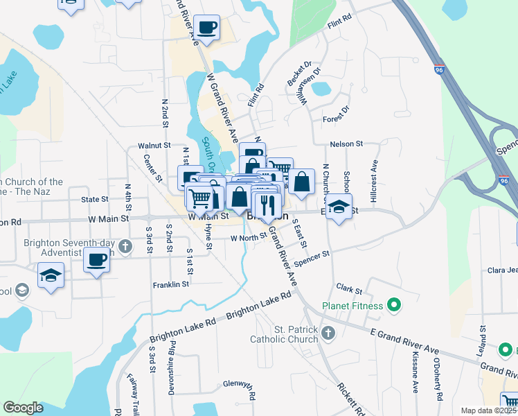 map of restaurants, bars, coffee shops, grocery stores, and more near 111 West Grand River Avenue in Brighton