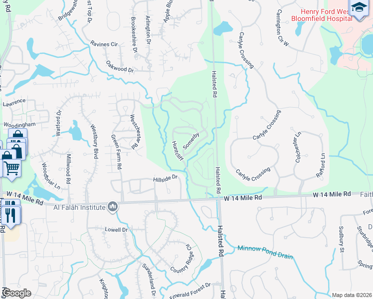 map of restaurants, bars, coffee shops, grocery stores, and more near 7276 Somerby in West Bloomfield Township