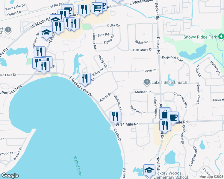 map of restaurants, bars, coffee shops, grocery stores, and more near 189 Arvida Street in Walled Lake