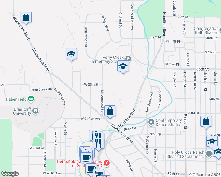map of restaurants, bars, coffee shops, grocery stores, and more near 125 1/2 West 34th Street in Sioux City