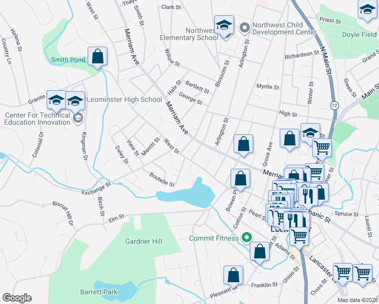 map of restaurants, bars, coffee shops, grocery stores, and more near 15 Blossom Street in Leominster