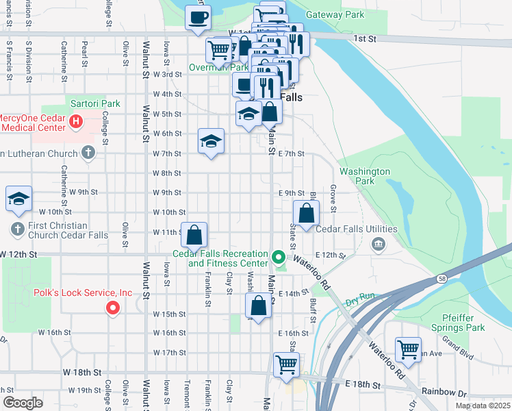 map of restaurants, bars, coffee shops, grocery stores, and more near 122 West 10th Street in Cedar Falls