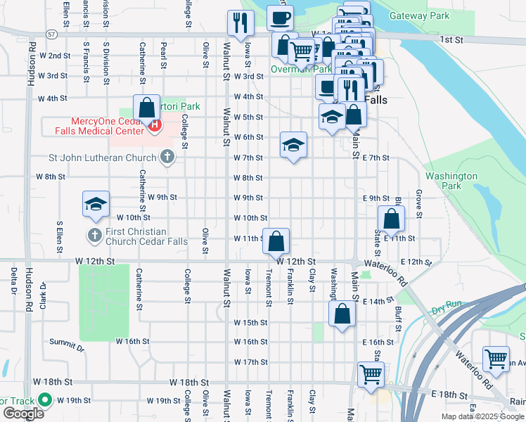 map of restaurants, bars, coffee shops, grocery stores, and more near 1003 Tremont Street in Cedar Falls