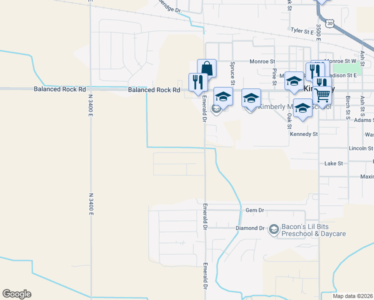 map of restaurants, bars, coffee shops, grocery stores, and more near 3663 Emerald Drive in Kimberly