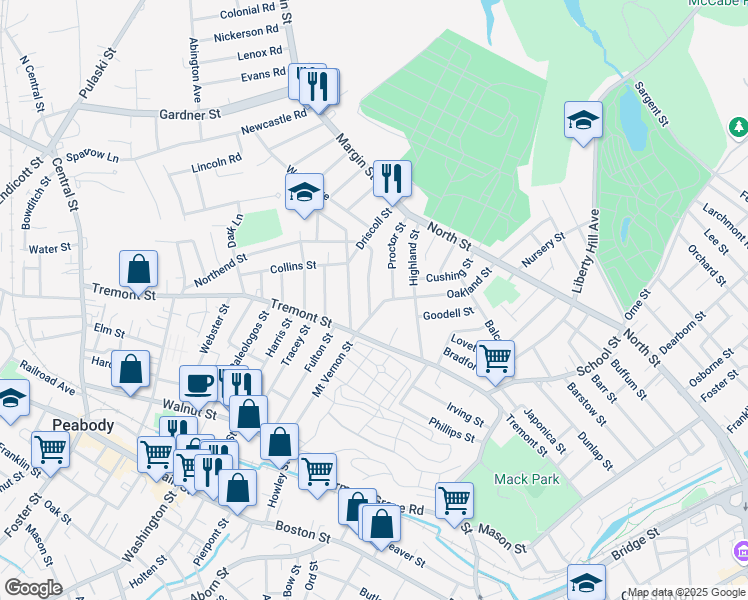 map of restaurants, bars, coffee shops, grocery stores, and more near 7 Driscoll Street in Peabody