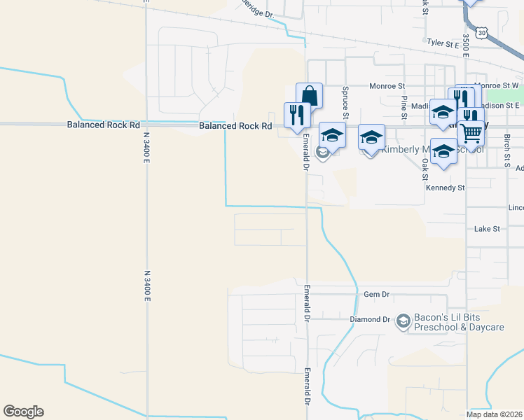 map of restaurants, bars, coffee shops, grocery stores, and more near 3673 North 3450 East in Kimberly