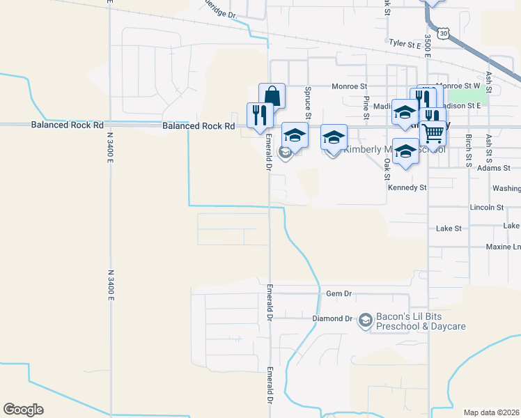 map of restaurants, bars, coffee shops, grocery stores, and more near 3673 N 3450 E in Kimberly