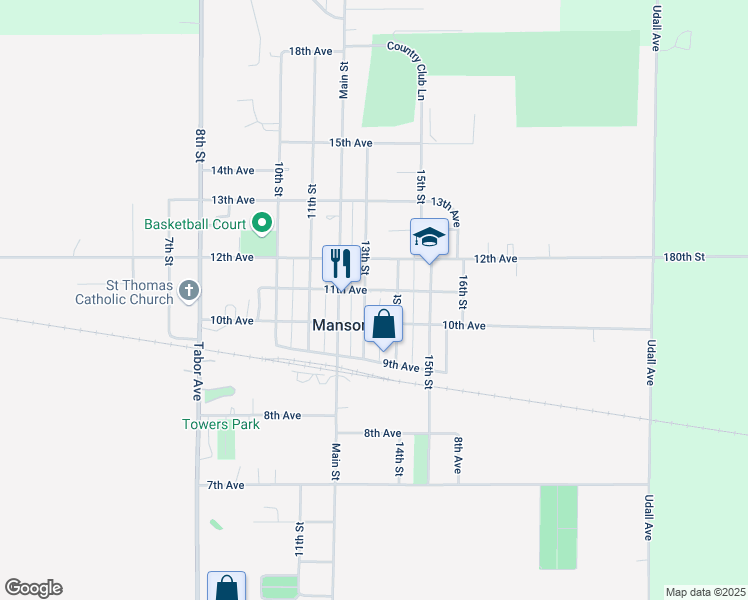 map of restaurants, bars, coffee shops, grocery stores, and more near in Manson