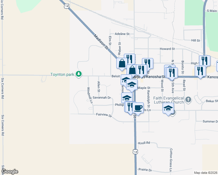map of restaurants, bars, coffee shops, grocery stores, and more near Spring Drive in Walworth