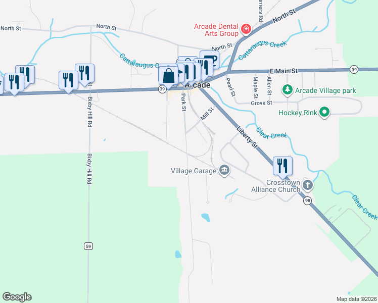 map of restaurants, bars, coffee shops, grocery stores, and more near 108 Park Street in Arcade