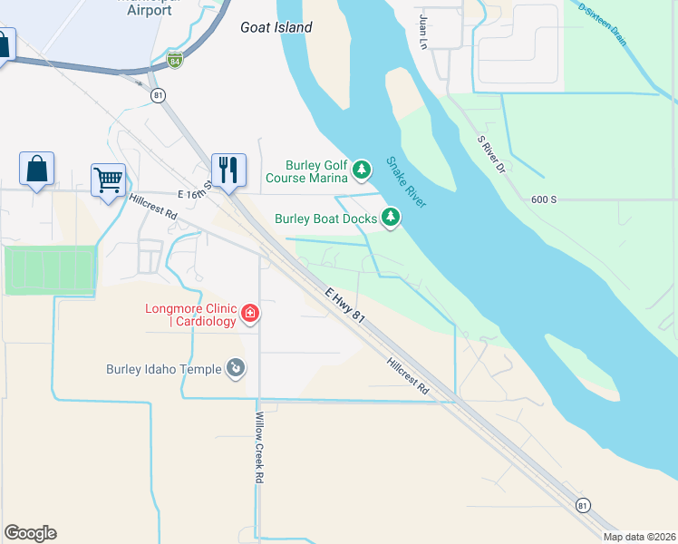 map of restaurants, bars, coffee shops, grocery stores, and more near 25 South 175 East in Burley