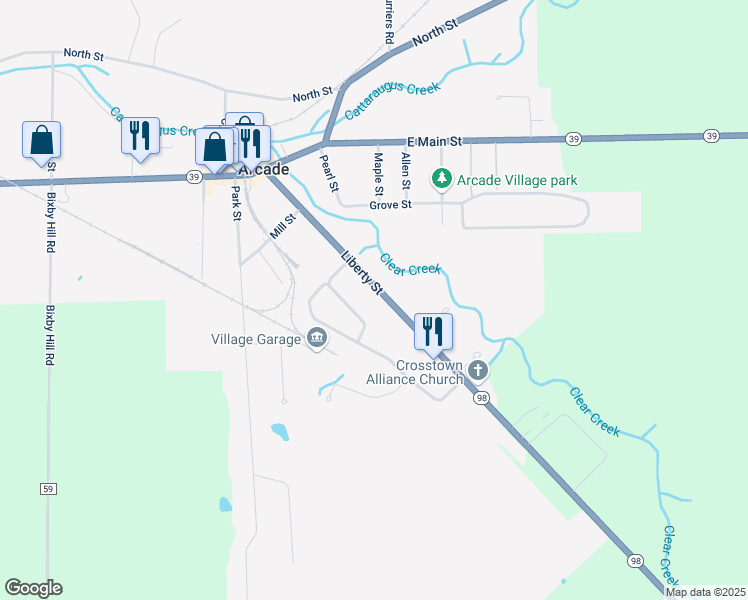 map of restaurants, bars, coffee shops, grocery stores, and more near 177 Liberty Street in Arcade