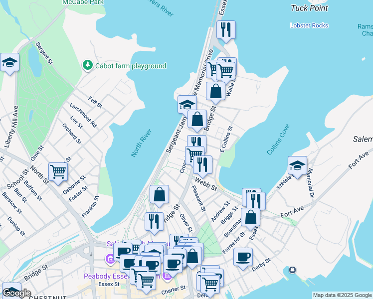 map of restaurants, bars, coffee shops, grocery stores, and more near 96 Bridge Street in Salem