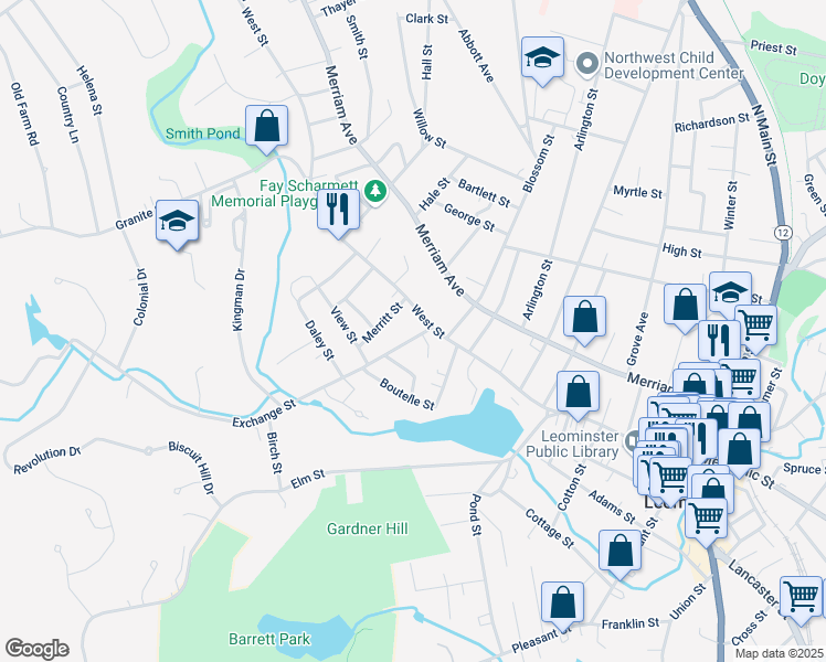 map of restaurants, bars, coffee shops, grocery stores, and more near 20 Exchange Street in Leominster