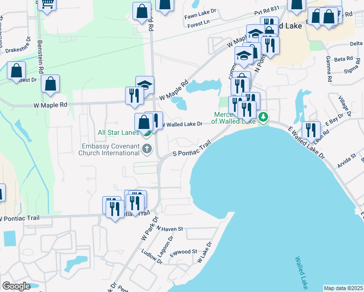 map of restaurants, bars, coffee shops, grocery stores, and more near 419 Windway Drive in Walled Lake