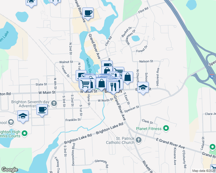 map of restaurants, bars, coffee shops, grocery stores, and more near 10315 Grand River Avenue in Brighton