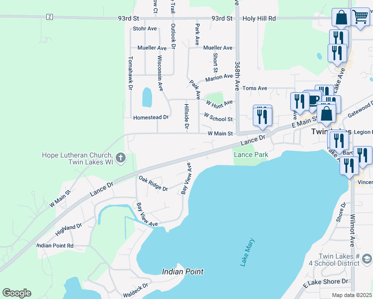 map of restaurants, bars, coffee shops, grocery stores, and more near 201 Lance Drive in Twin Lakes