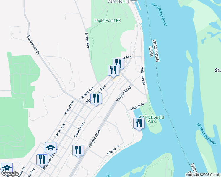 map of restaurants, bars, coffee shops, grocery stores, and more near 1900-1952 Shiras Avenue in Dubuque