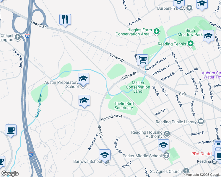 map of restaurants, bars, coffee shops, grocery stores, and more near 121 Willow Street in Reading