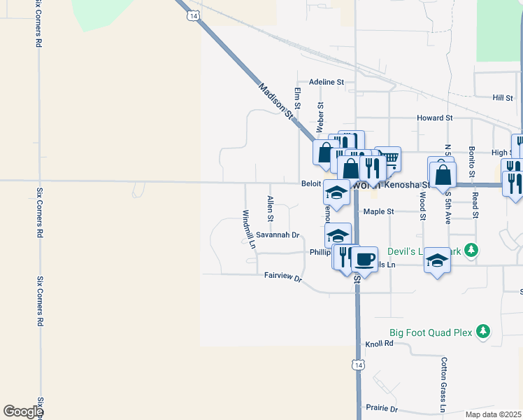 map of restaurants, bars, coffee shops, grocery stores, and more near 121 Allen Street in Walworth