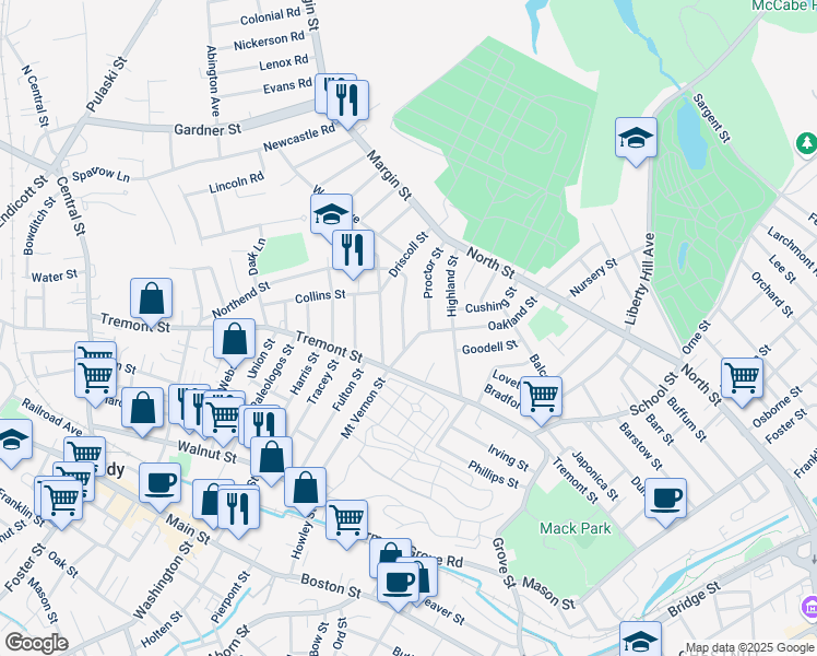 map of restaurants, bars, coffee shops, grocery stores, and more near 7 Driscoll Street in Peabody