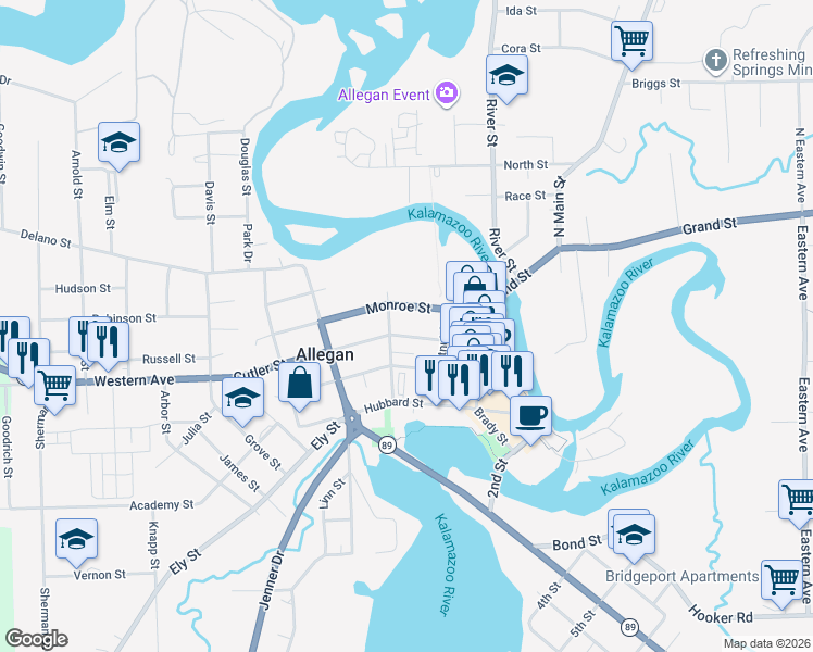 map of restaurants, bars, coffee shops, grocery stores, and more near 245 Cutler Street in Allegan