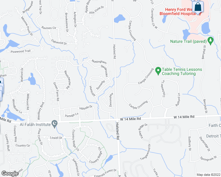 map of restaurants, bars, coffee shops, grocery stores, and more near 7300 Meadow Ridge Circle in West Bloomfield Township