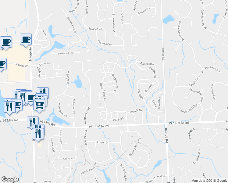 map of restaurants, bars, coffee shops, grocery stores, and more near 7289 Westchester Road in West Bloomfield Township