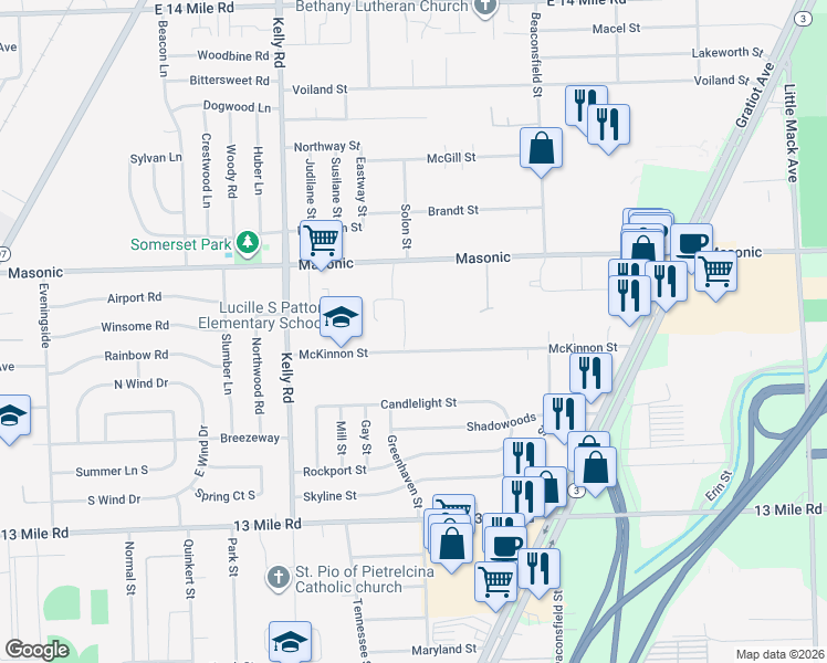 map of restaurants, bars, coffee shops, grocery stores, and more near 19135 McKinnon St in Roseville