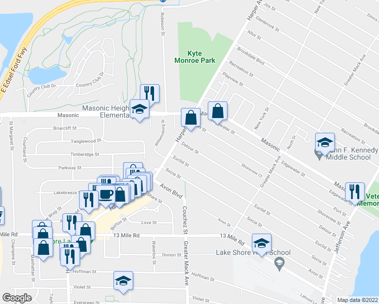 map of restaurants, bars, coffee shops, grocery stores, and more near 22422 Detour Street in Saint Clair Shores