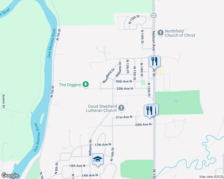 map of restaurants, bars, coffee shops, grocery stores, and more near 2401 Williams Drive in Fort Dodge