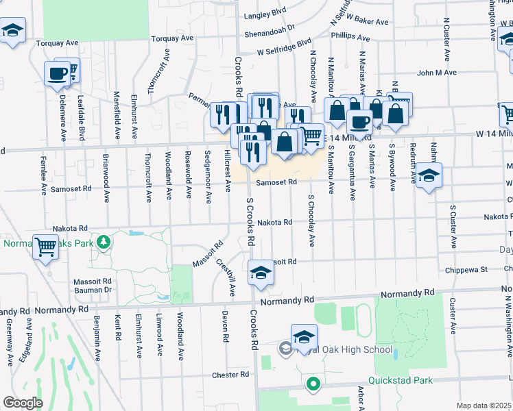 map of restaurants, bars, coffee shops, grocery stores, and more near 426 South Batchewana Avenue in Clawson