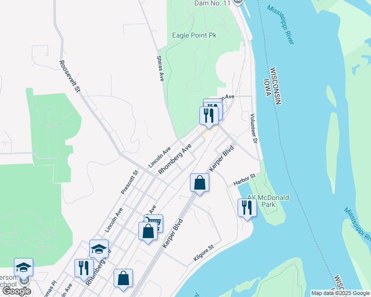 map of restaurants, bars, coffee shops, grocery stores, and more near 1900 Shiras Avenue in Dubuque