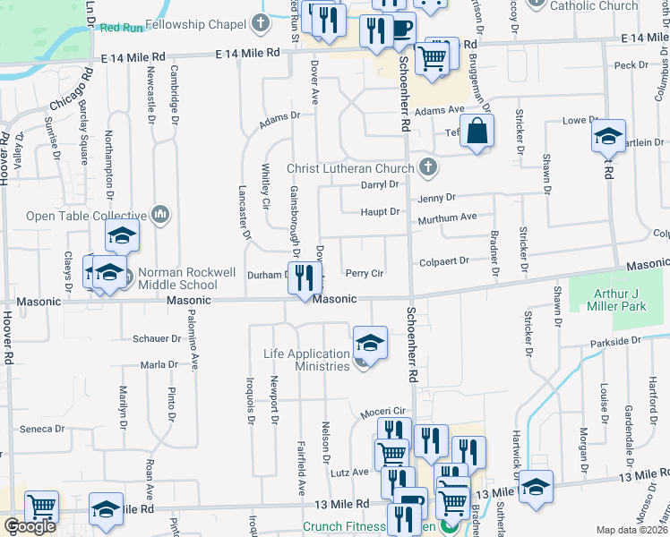 map of restaurants, bars, coffee shops, grocery stores, and more near 13362 Perry Circle in Warren