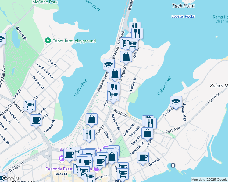 map of restaurants, bars, coffee shops, grocery stores, and more near 96 Bridge Street in Salem