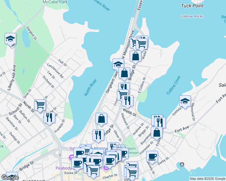 map of restaurants, bars, coffee shops, grocery stores, and more near 8 Cross Street Court in Salem