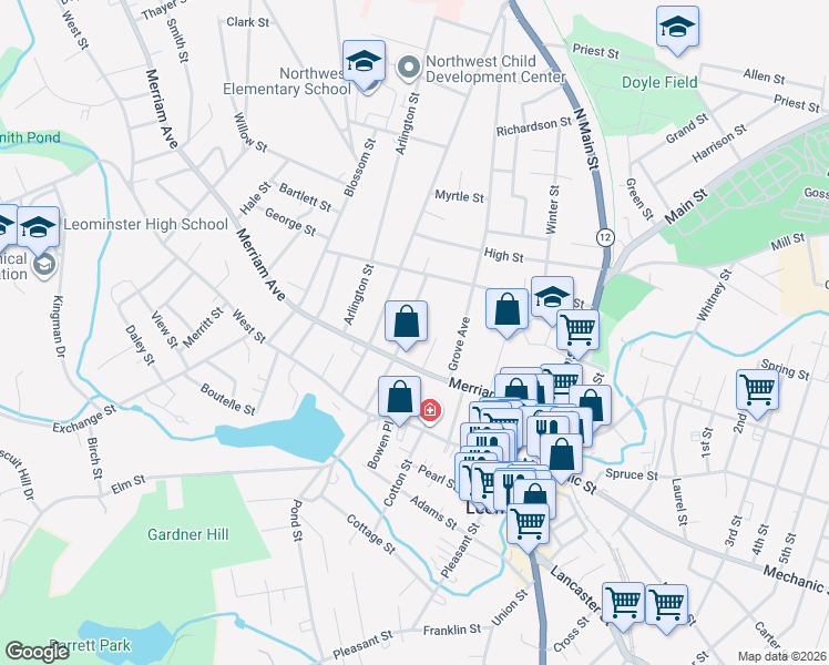 map of restaurants, bars, coffee shops, grocery stores, and more near 14 Foster Court in Leominster