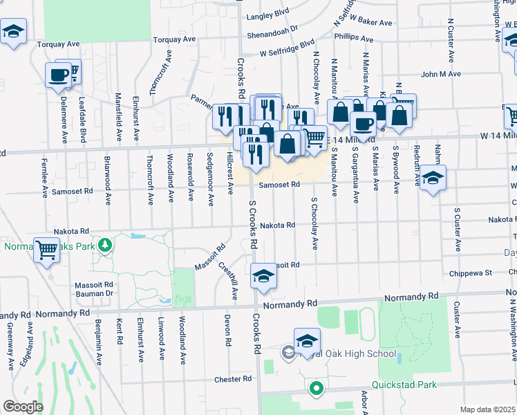 map of restaurants, bars, coffee shops, grocery stores, and more near 426 South Batchewana Avenue in Clawson