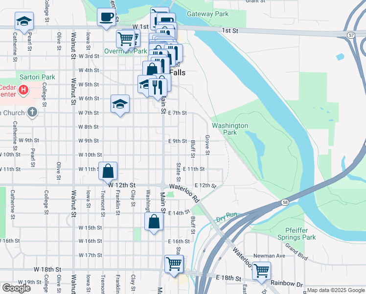 map of restaurants, bars, coffee shops, grocery stores, and more near 209 East 10th Street in Cedar Falls