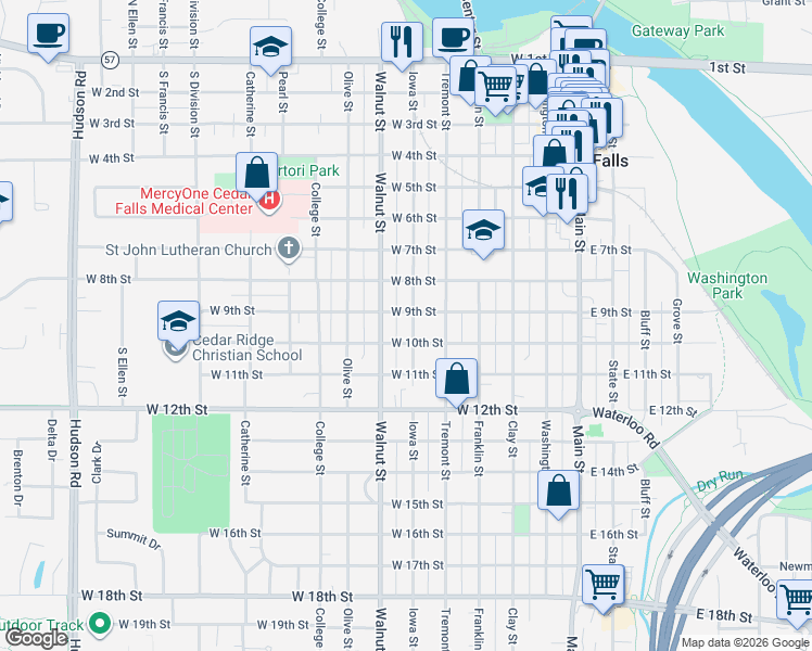 map of restaurants, bars, coffee shops, grocery stores, and more near 616 West 10th Street in Cedar Falls