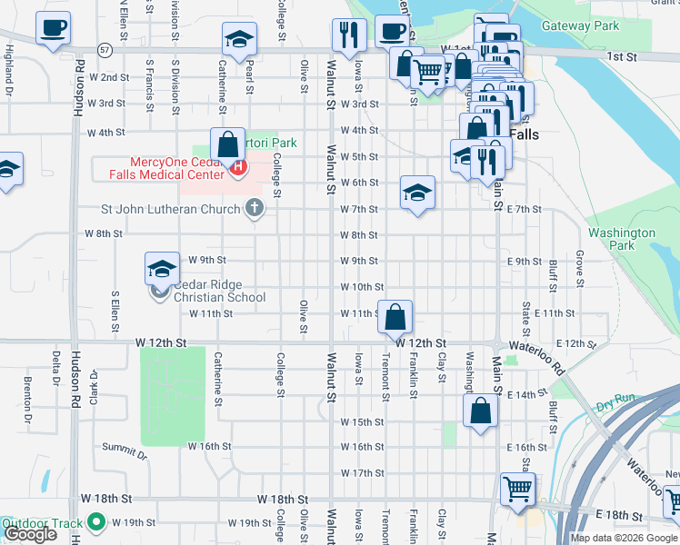 map of restaurants, bars, coffee shops, grocery stores, and more near 600-616 West 10th Street in Cedar Falls