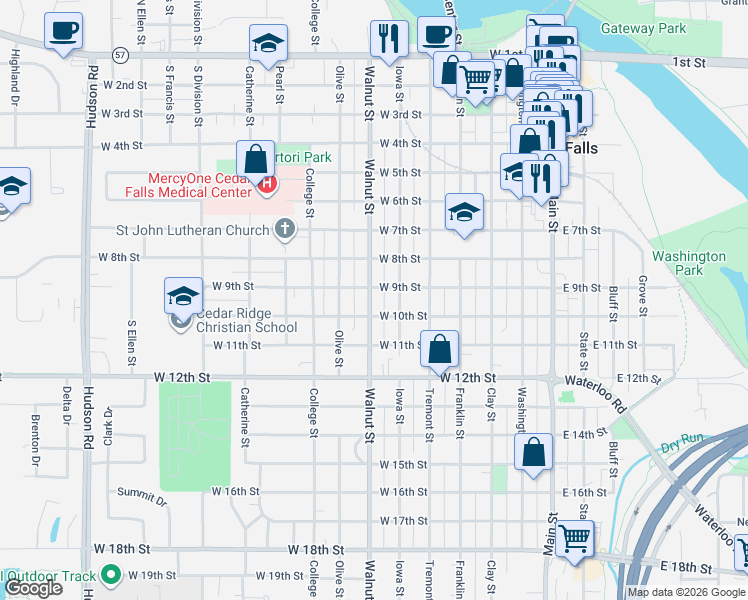 map of restaurants, bars, coffee shops, grocery stores, and more near 600-616 West 10th Street in Cedar Falls