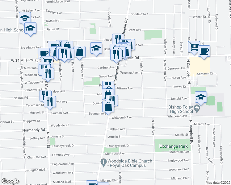 map of restaurants, bars, coffee shops, grocery stores, and more near 4520 South Rochester Road in Royal Oak