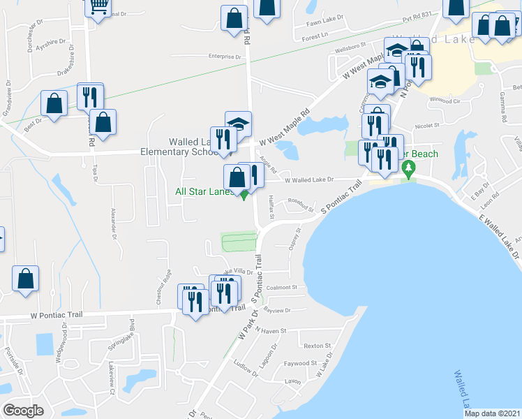 map of restaurants, bars, coffee shops, grocery stores, and more near 116 Ladd Road in Walled Lake