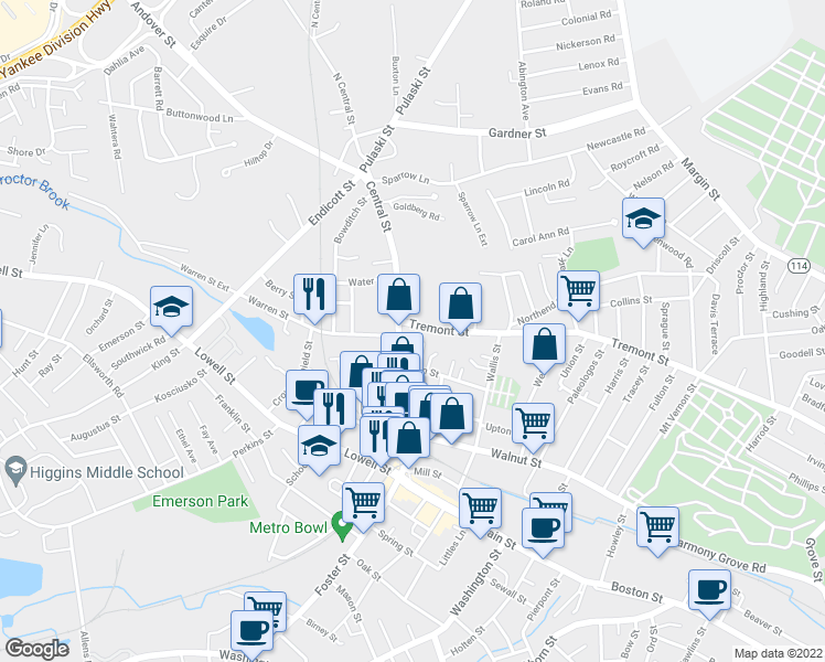 map of restaurants, bars, coffee shops, grocery stores, and more near 3 Tremont Street in Peabody