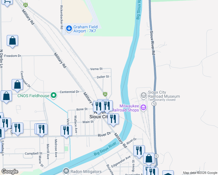 map of restaurants, bars, coffee shops, grocery stores, and more near 201 North Main Street in North Sioux City