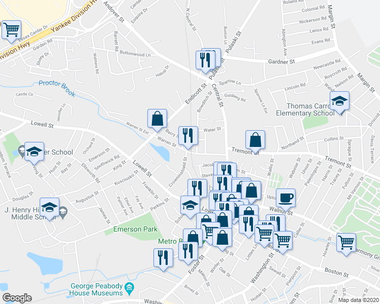 map of restaurants, bars, coffee shops, grocery stores, and more near 29 Warren Street in Peabody